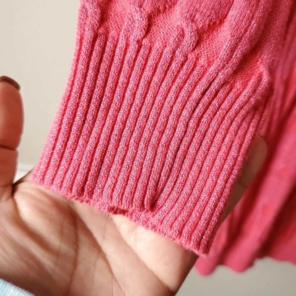 Women Pink Shimmer Long Cable Cardigan Sweater XS Career Preppy Classic Casual